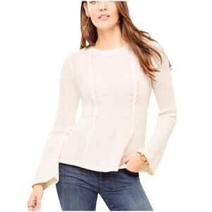 Ann Taylor XL Ivory Ribbed Peplum Sweater Wool Blend Cozycore Career Minimalist